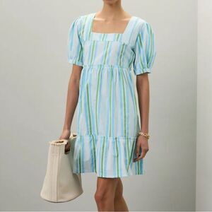 Blockprints Aria Dress Blue and Green Stripes Puff Sleeves Cotton XS